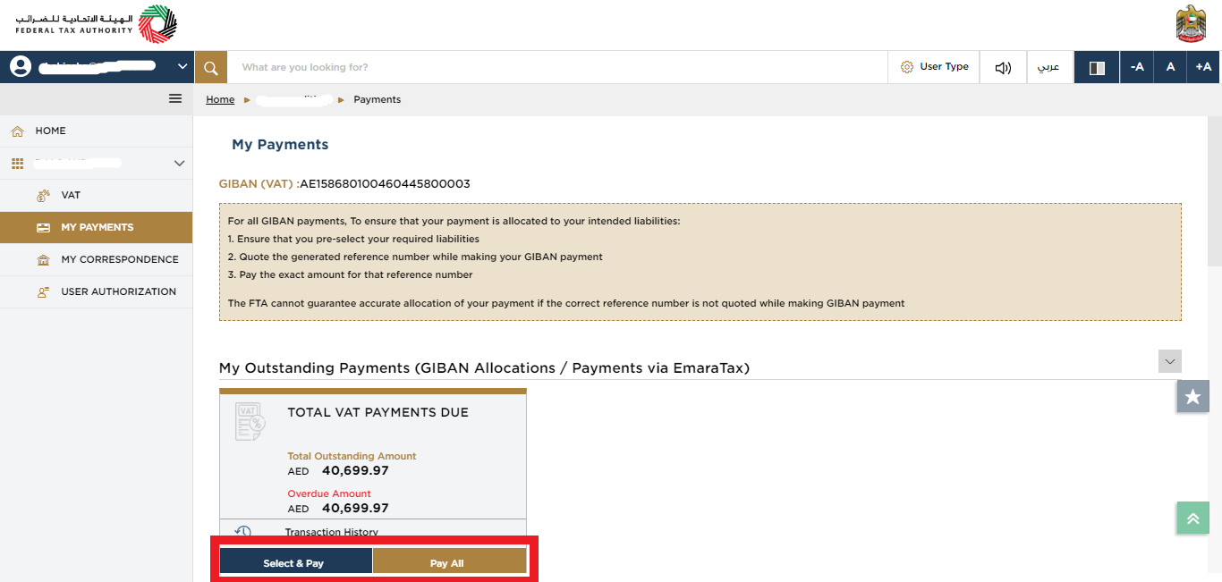  make VAT payments to FTA on Emaratax portal